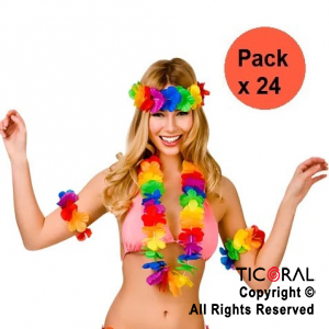 SET HAWAIANO FLOREADO FLUO VINCHA COLLAR Y PULSERA X 24